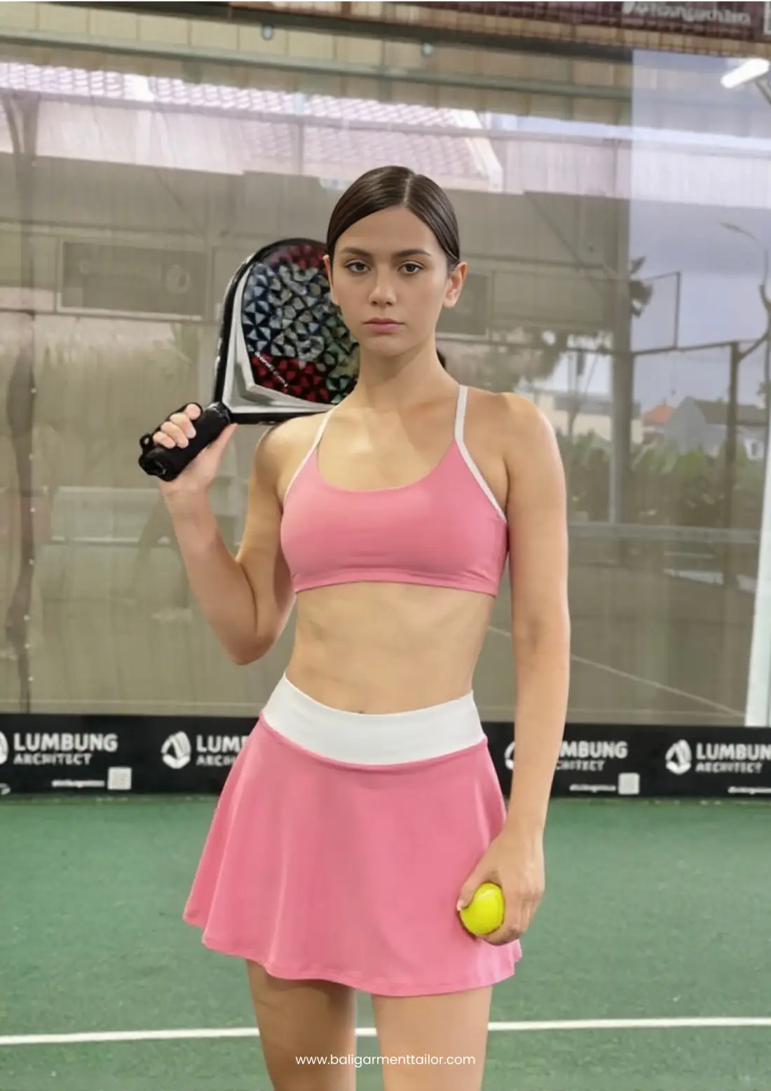 Model in a pink sports bra and tennis skirt holding a padel racket