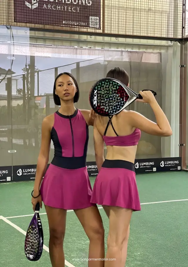 Two models in tennis skirt sets on a padel court, Bali Garment Tailor activewear catalog 2026